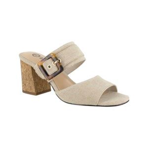 Bella Vita Tory II Chunky Heel Sandal Natural Linen Leather Animal Print Buckle6